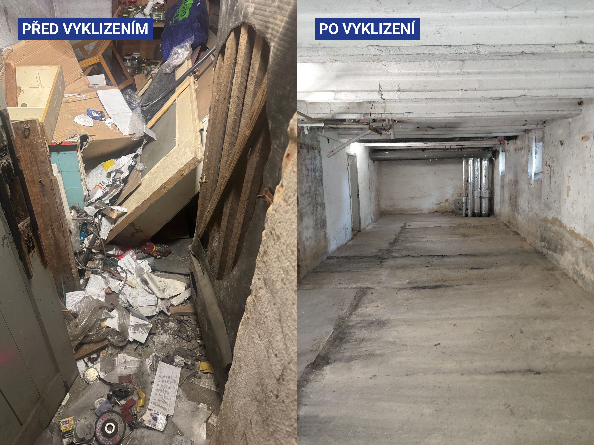 Sklepní prostory před vyklizením a po vyklizení společností Teplo Hlučín