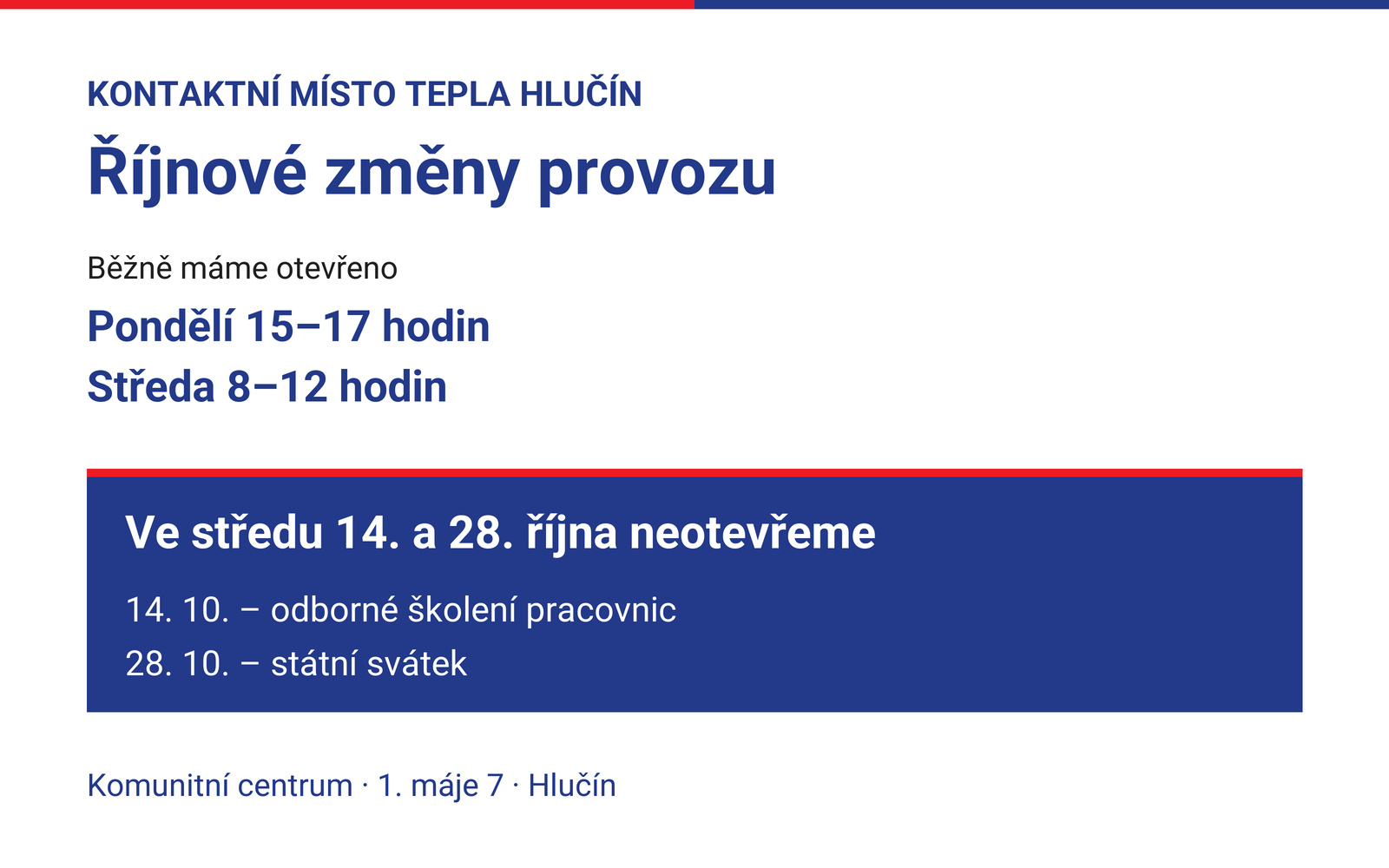 Kontaktní místo Tepla Hlučín – říjnové změny provozu, zavřeno 14. a 28. října